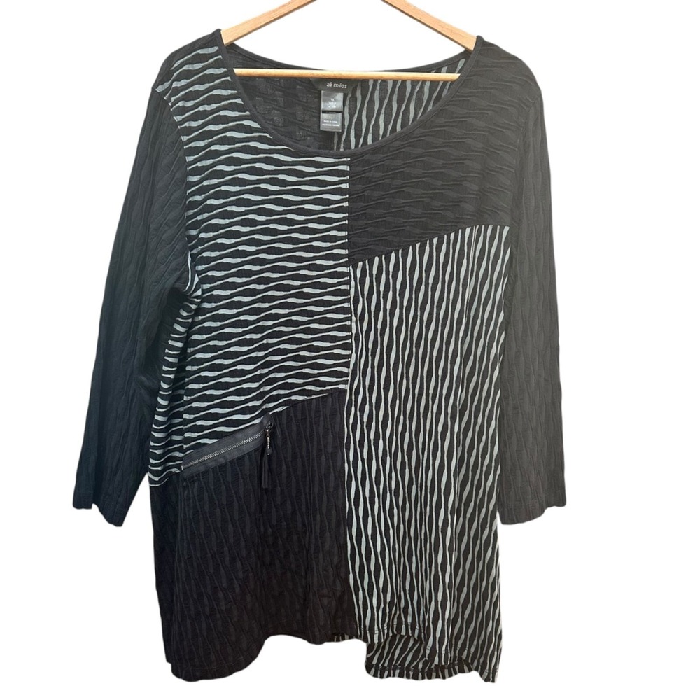 Ali Miles 3/4‎ Sleeve Tunic Blouse Textured Wavy Stripe Pullover Artsy Mature 1X